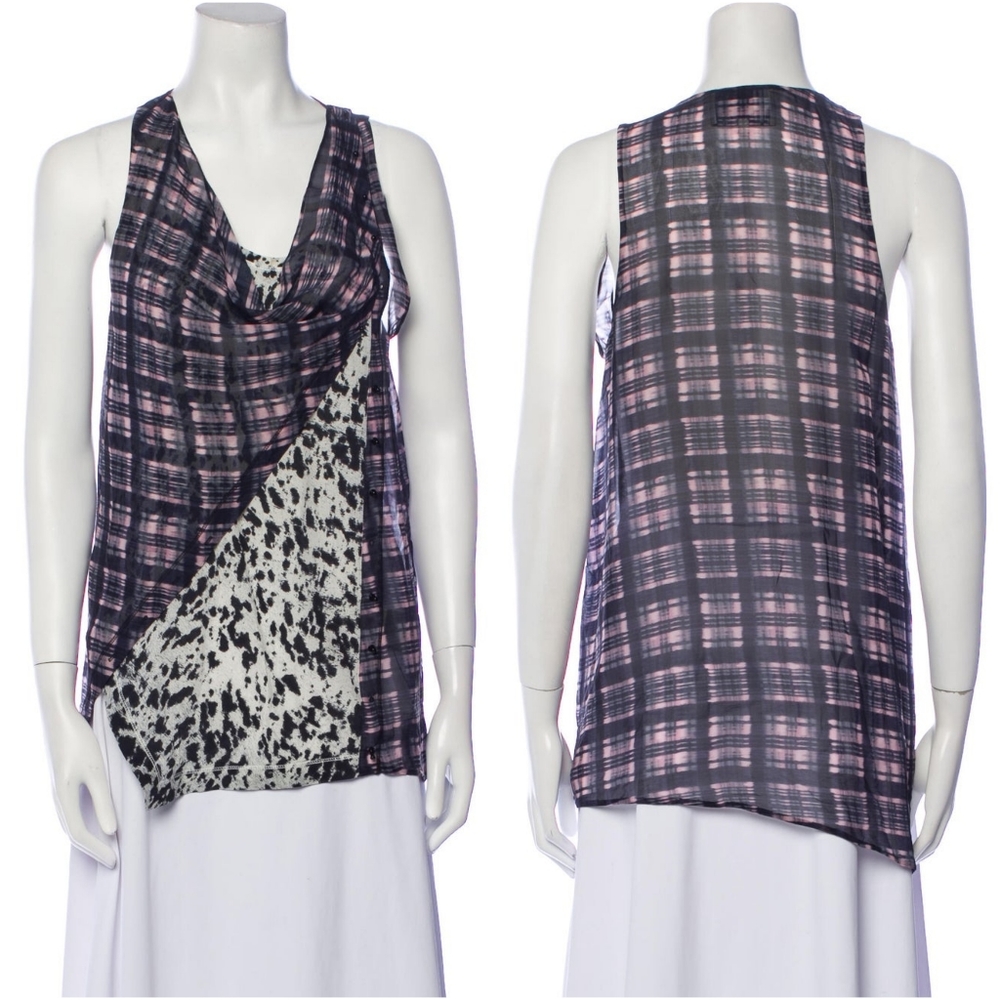 3.1 Phillip Lim Mixed Print Silk Draped Button Wrap Sleeveless Blouse Size 6
